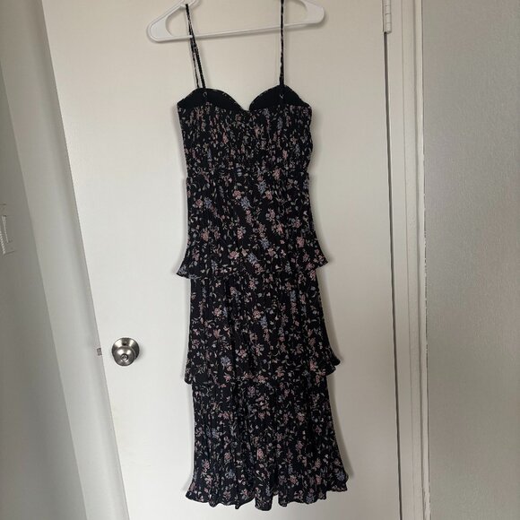 Lulus Cascading Crush Black Floral Print Tiered Bustier Midi Dress | Size XS - Picture 4 of 6